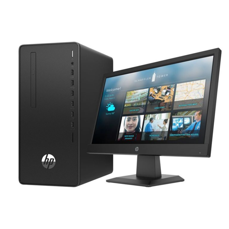 HP 290 G4 Microtower desktop computer with a black monitor. HP 290 G4 Microtower desktop computer with a black monitor.